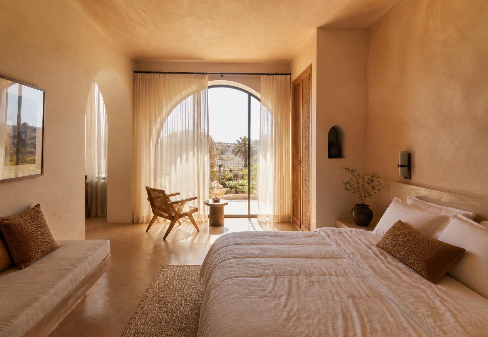 Guest bedroom photographed in warm natural morning light