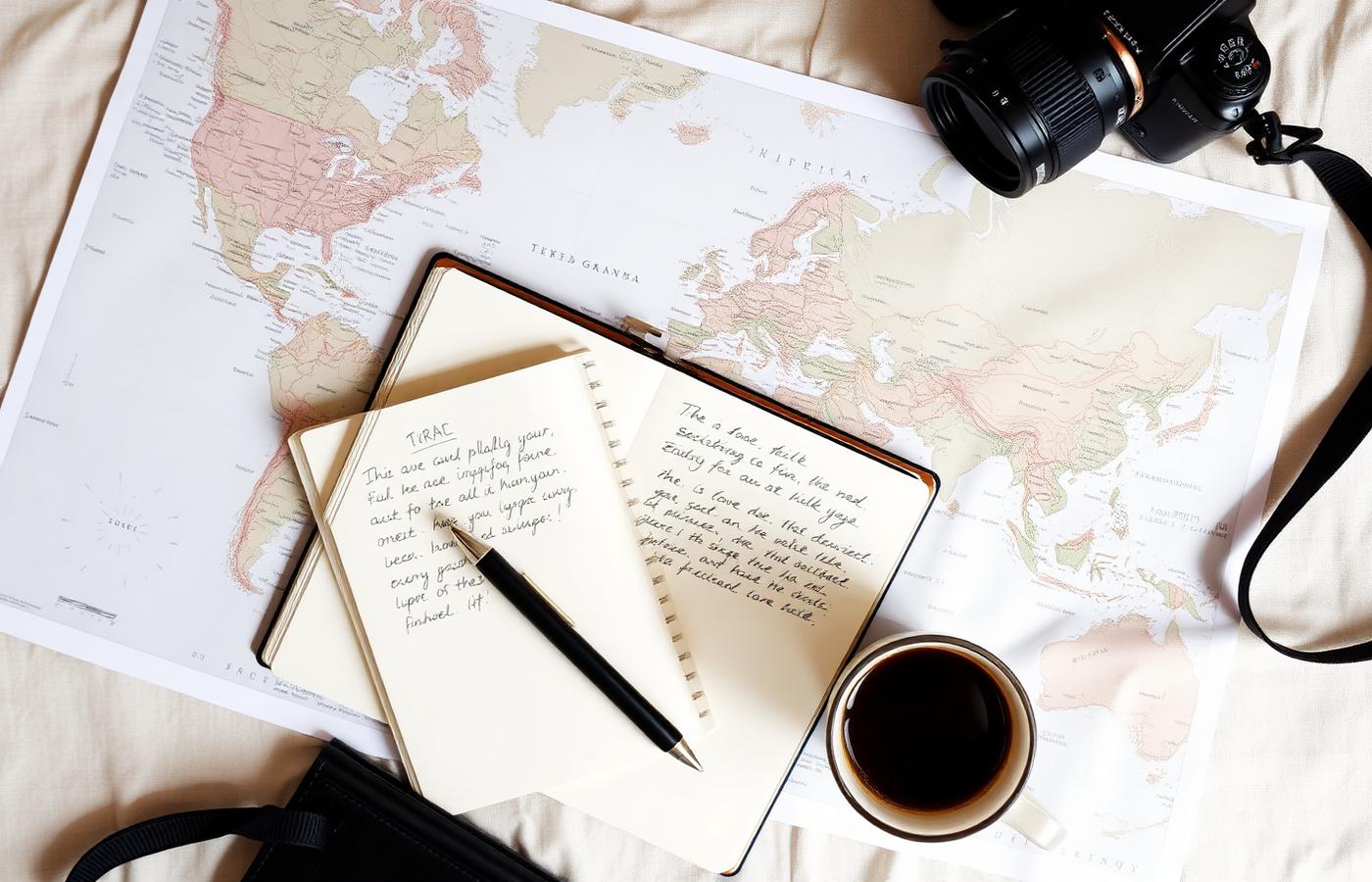 Handwritten travel itinerary notebook, paper map and espresso on a linen table